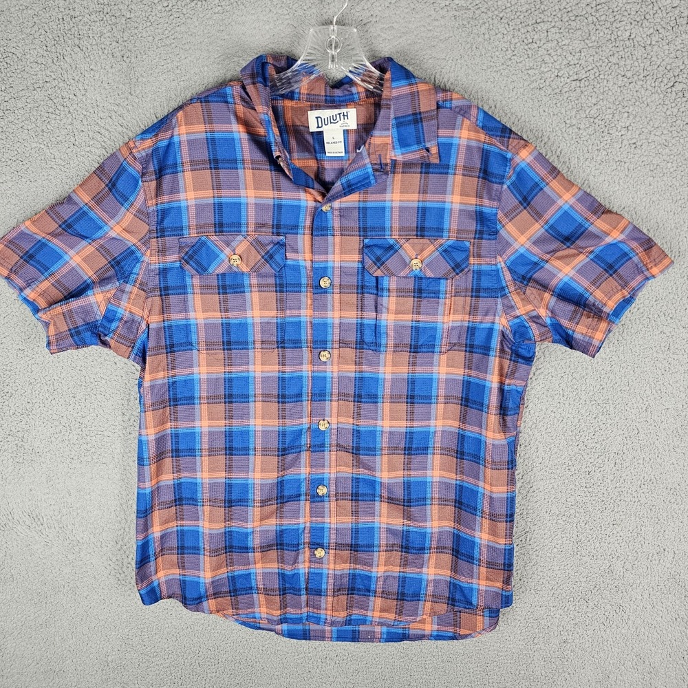 Duluth Shirt Mens Large Orange Blue Plaid Short Sleeve Breezeshooter Relaxed Fit